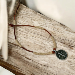 Leather Hemp Necklace With Round Pewter Cross