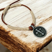 Load image into Gallery viewer, Rustic Leather &amp; Hemp Necklace with Pewter Cross – Handmade Boho Christian Jewelry
