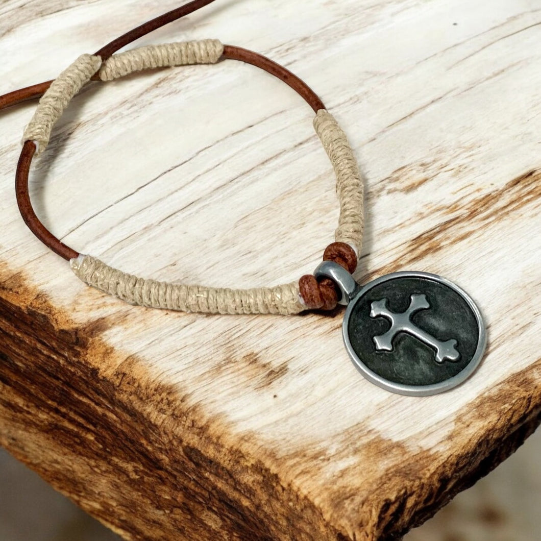 Rustic Leather & Hemp Necklace with Pewter Cross – Handmade Boho Christian Jewelry