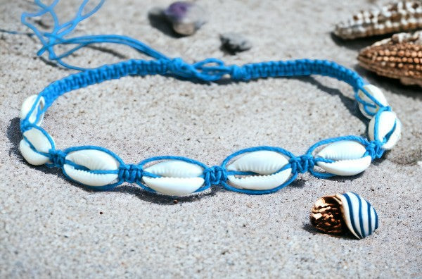 Hemp Necklace Turquoise with Cowrie Shells