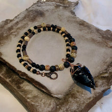 Load image into Gallery viewer, Obsidian arrowhead necklace with lava stone and copper beads
