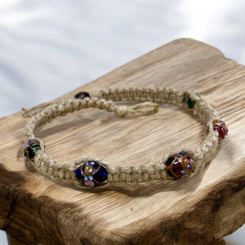 Thick Woven Hemp Necklace – Rustic Surfer Style with Glass Flower Beads