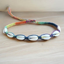 Load image into Gallery viewer, Rainbow Hemp Necklace with Cowrie Shells – Handmade Beach Jewelry
