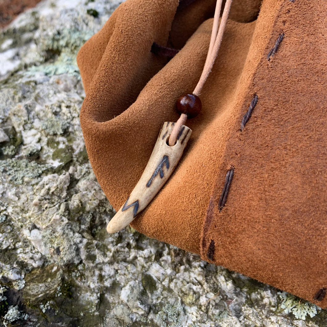 Viking Pendant Carved Deer Antler with Runes - Good Luck Charm -Ansuz Rune- Norse/Warrior/Protection/Amulet - Leather Necklace