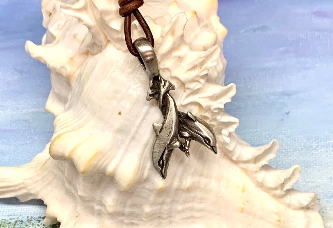 Leather Surfer Necklace With Pewter Dolphin