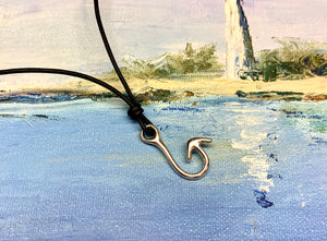 Fish Hook Leather Necklace – Rustic Pewter Pendant, Ocean-Inspired Jewelry