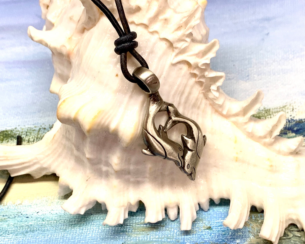 Leather Surfer Necklace With Pewter Dolphin