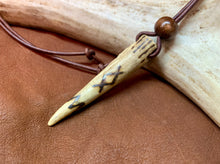 Load image into Gallery viewer, Viking Pendant Carved Deer Antler with Runes - Good Luck Charm -Inguz Rune- Norse/Warrior/Protection/Amulet - Leather Necklace
