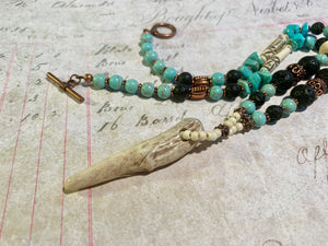 Antler Tip Necklace Lava Turquoise Horn Primitive Jewelry, Tribal Necklace, Rustic Choker OOAK