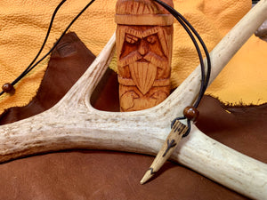 Viking Pendant Carved Deer Antler with Runes - Good Luck Charm -Algiz Rune- Norse/Warrior/Protection/Amulet - Leather Necklace