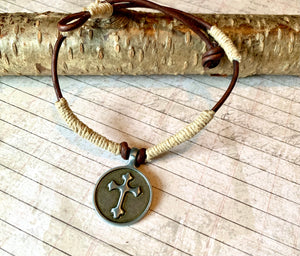 Rustic Leather & Hemp Necklace with Pewter Cross – Handmade Boho Christian Jewelry