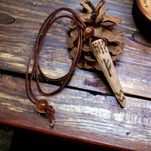 Viking Pendant Carved Deer Antler with Runes - Good Luck Charm -Fehu Rune- Norse/Warrior/Protection/Amulet - Leather Necklace