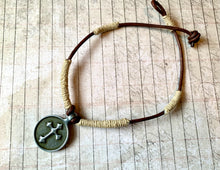 Load image into Gallery viewer, Leather Hemp Necklace With Round Pewter Cross
