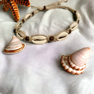 Hemp Necklace Natural with Cowrie Shells and Brown Beads