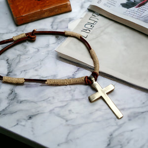 Leather Hemp Necklace With Large Pewter Cross