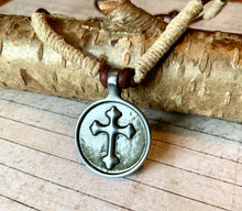 Load image into Gallery viewer, Rustic Leather &amp; Hemp Necklace with Pewter Cross – Handmade Boho Christian Jewelry
