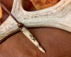 Viking Pendant Carved Deer Antler with Runes - Good Luck Charm -Inguz Rune- Norse/Warrior/Protection/Amulet - Leather Necklace