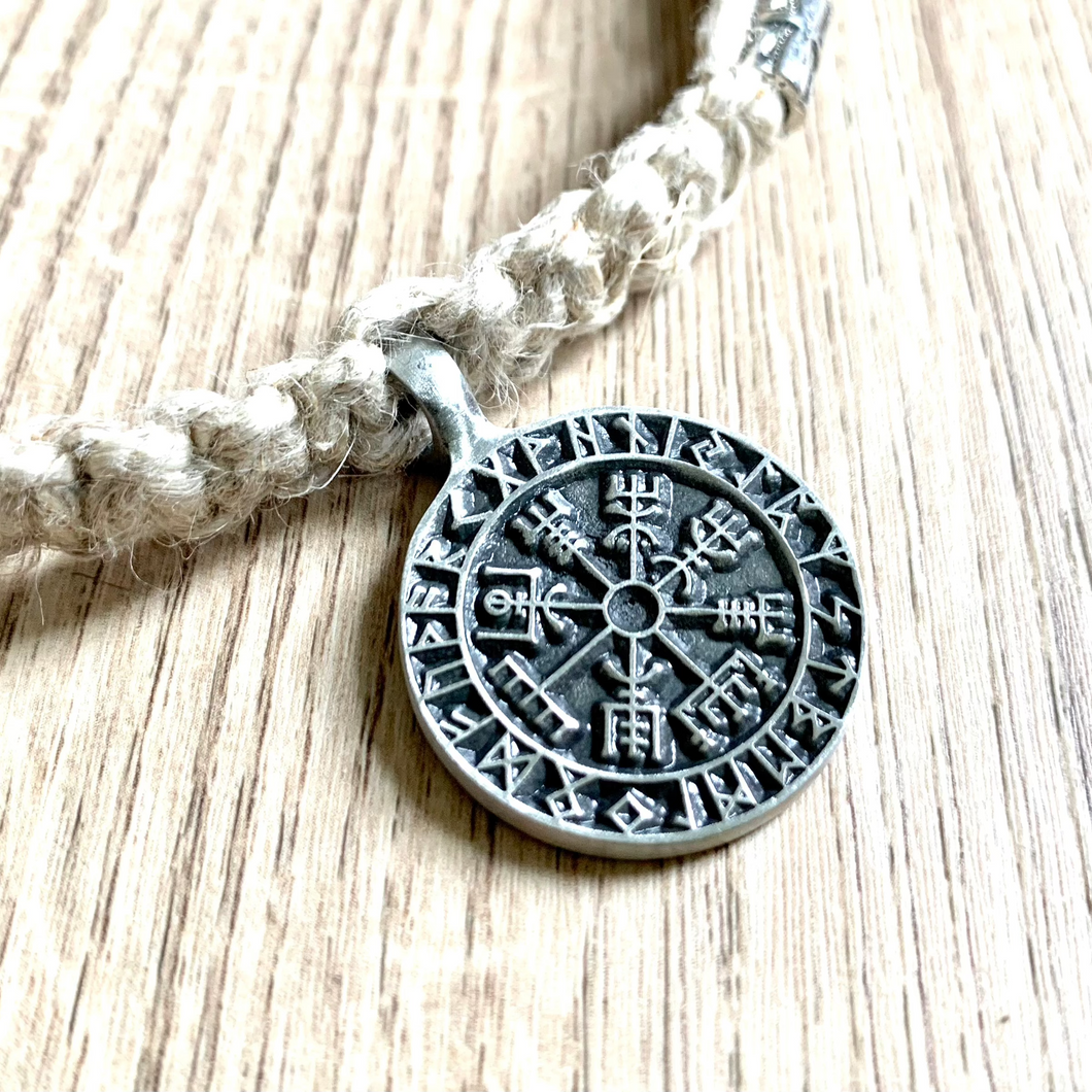 Viking Shield Pendant with Runes - Good Luck Charm -Rune-- Norse/Warrior/Protection/Amulet - Hemp Necklace