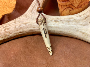 Viking Pendant Carved Deer Antler with Runes - Good Luck Charm -Fehu Rune- Norse/Warrior/Protection/Amulet - Leather Necklace