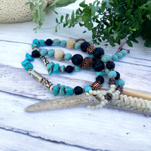 Load image into Gallery viewer, Antler Tip Necklace Lava Turquoise Horn Primitive Jewelry, Tribal Necklace, Rustic Choker OOAK
