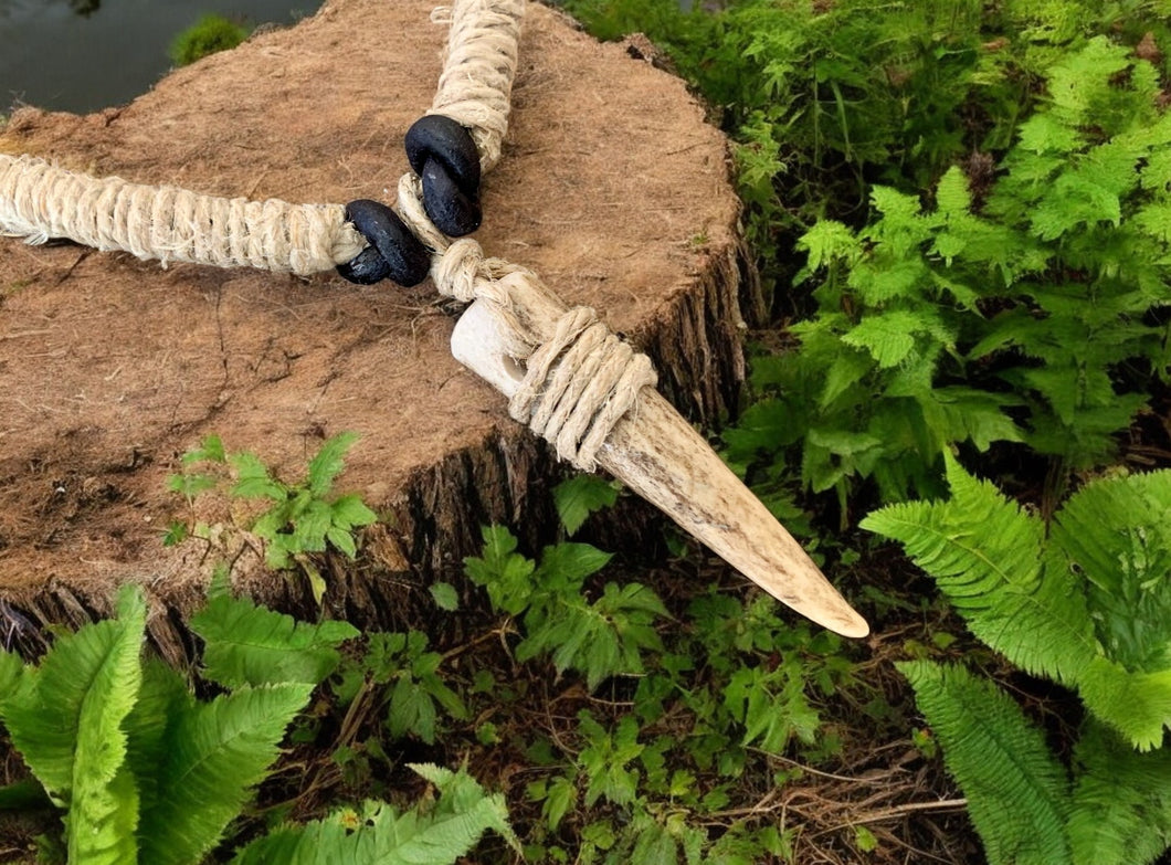 Primitive Tribal Necklace – Hand-Carved Antler Pendant on Leather Cord Rustic Jewelry