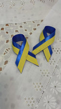 Load and play video in Gallery viewer, Ukraine Awareness Ribbon Pin – Blue &amp; Yellow Satin Support Badge | I Stand With Ukraine
