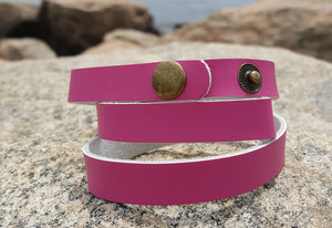 Leather Bracelet Pink Triple Wrap, Snap Closure