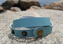 Load image into Gallery viewer, Leather Bracelet Teal Triple Wrap, Snap Closure

