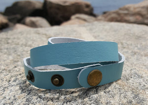 Leather Bracelet Teal Triple Wrap, Snap Closure