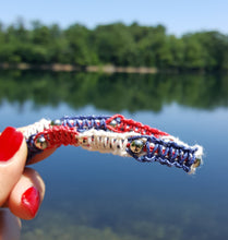 Load image into Gallery viewer, Hemp Necklace Patriotic Blue Red White with Metal Beads

