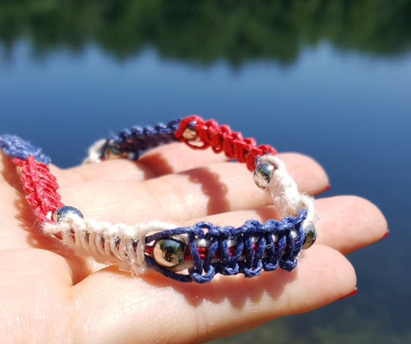 Hemp Necklace Patriotic Blue Red White with Metal Beads