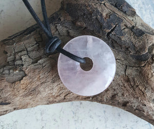 Leather Necklace With Mini Rose Quartz Donut