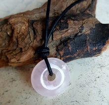 Load image into Gallery viewer, Leather Necklace With Mini Rose Quartz Donut
