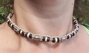 Hemp Necklace Wood Metal Beads Beach Jewelry