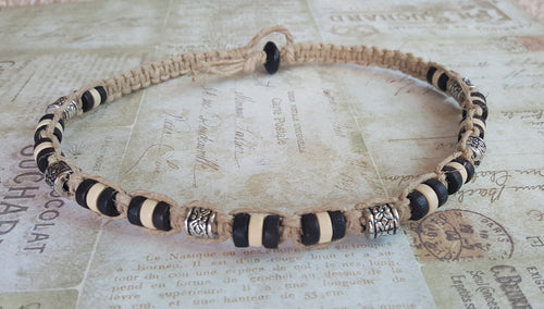 Hemp Necklace Wood Metal Beads Beach Jewelry