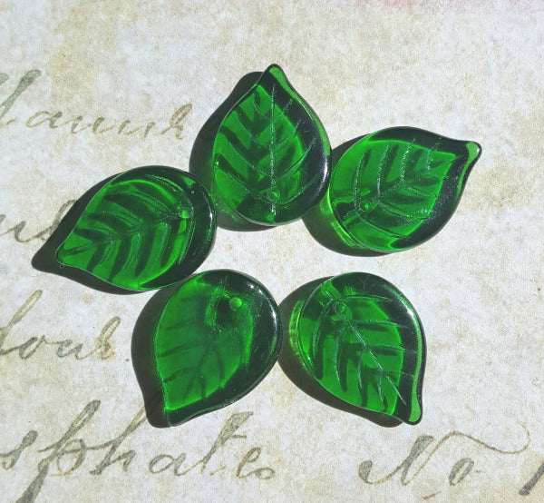 10pcs Leaves Emerald Green Preciosa Czech Pressed Glass Beads 18mm