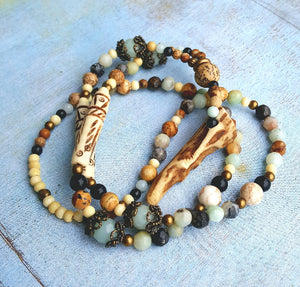 Antler Tip Necklace Amazonite Horn Primitive Jewelry, Tribal Necklace, Rustic Choker