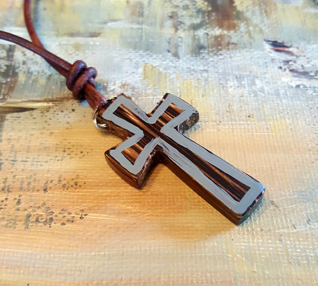 Leather Necklace With Wood Steel Cross Pendant