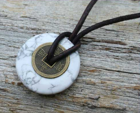 Leather Necklace With Chinese Coin And Howlite Donut