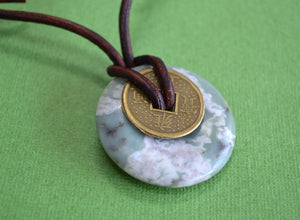 Leather Necklace With Chinese Coin And Peace Jade Donut
