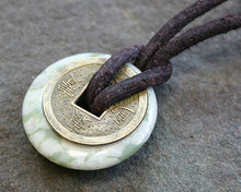 Load image into Gallery viewer, Leather Necklace With Chinese Coin And Peace Jade Donut
