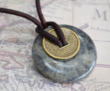 Load image into Gallery viewer, Leather Necklace With Chinese Coin And Jasper Donut
