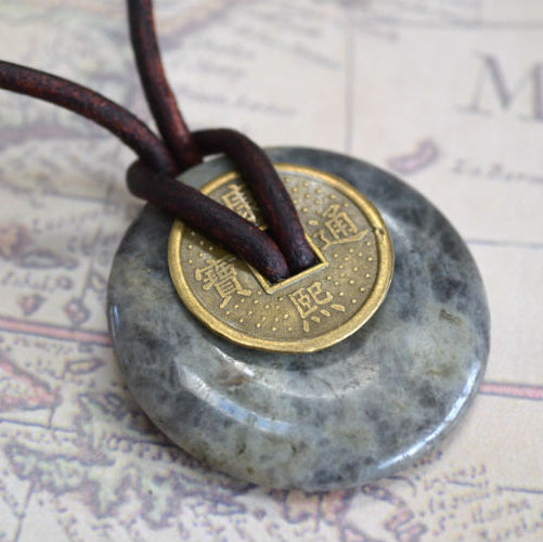 Leather Necklace with Gemstone Donut and Brass Coin – Handmade in USA