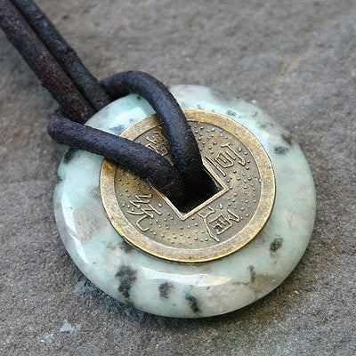 Leather Necklace With Chinese Coin And Sesame Jasper Donut