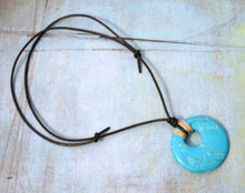 Load image into Gallery viewer, Leather Necklace With Large Turquoise Magnesite Donut And Hemp
