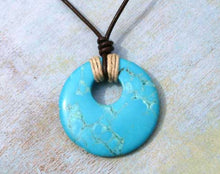 Load image into Gallery viewer, Leather Necklace With Large Turquoise Magnesite Donut And Hemp
