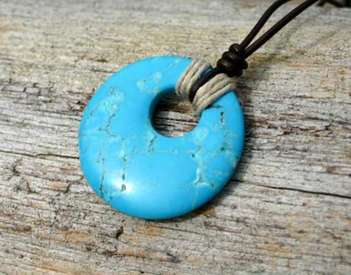 Leather Necklace With Large Turquoise Magnesite Donut And Hemp