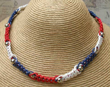 Load image into Gallery viewer, Hemp Necklace Patriotic Blue Red White with Metal Beads
