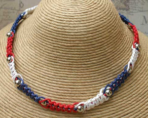 Hemp Necklace Patriotic Blue Red White with Metal Beads