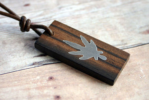 Leather Necklace With Wood Steel Pot Leaf Pendant